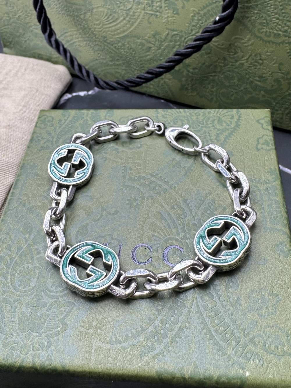 Gucci Silver Bracelet with Turquoise Enamel Double-G Medallions